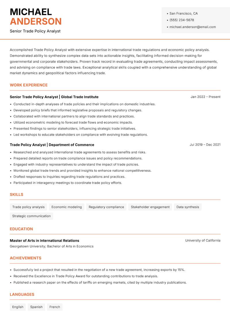 Trade Policy Analyst resume template — Modern Professional
