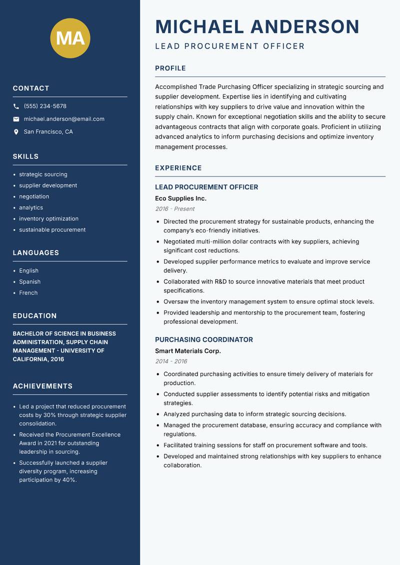 Trade Purchasing Officer resume template — Classic Clean
