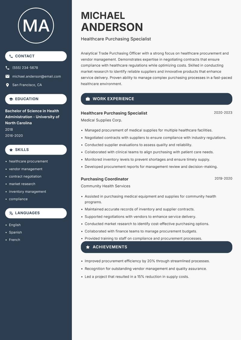Trade Purchasing Officer resume template — Compact