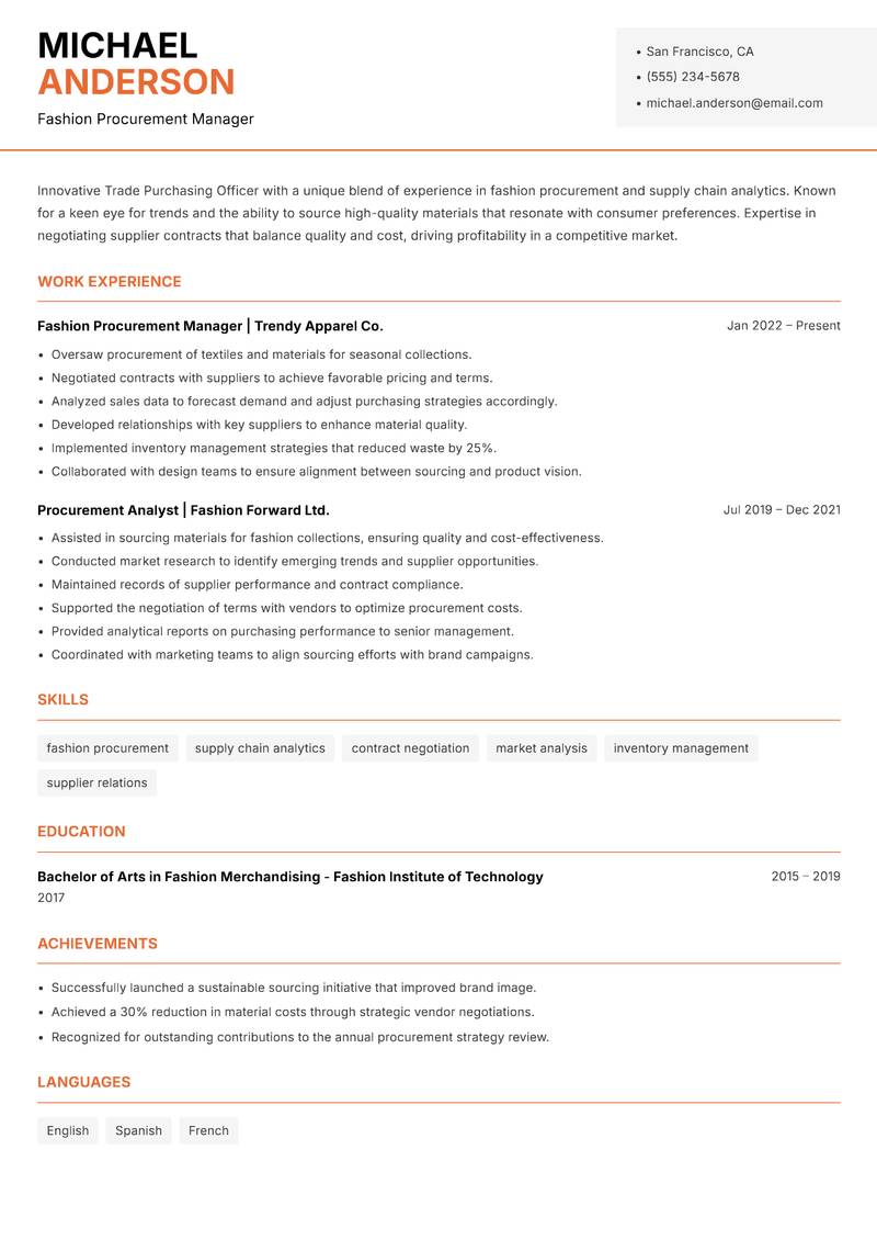 Trade Purchasing Officer resume template — Modern Professional