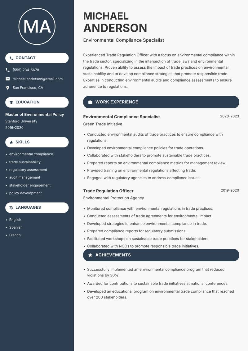 Trade Regulation Officer resume template — Compact