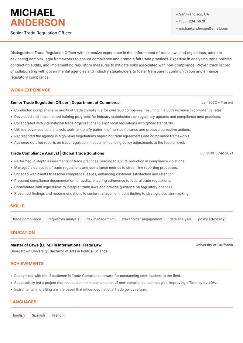 Trade Regulation Officer resume template — Modern Professional