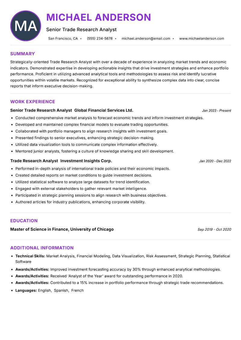 Trade Research Analyst resume example — ATS-friendly template