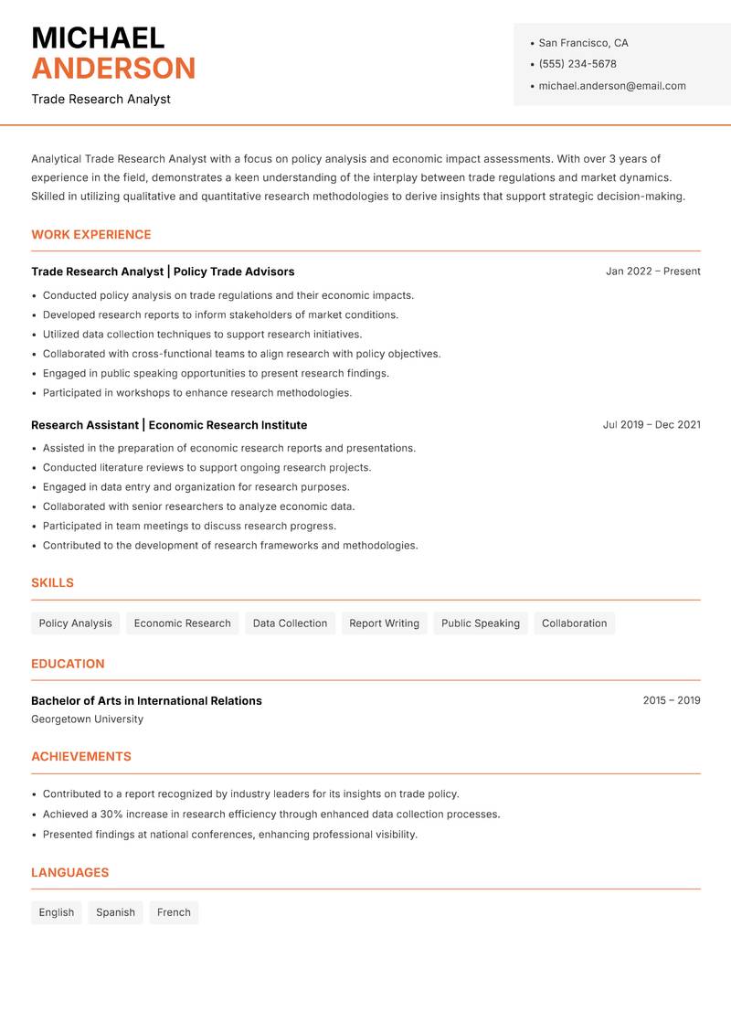 Trade Research Analyst resume template — Modern Professional