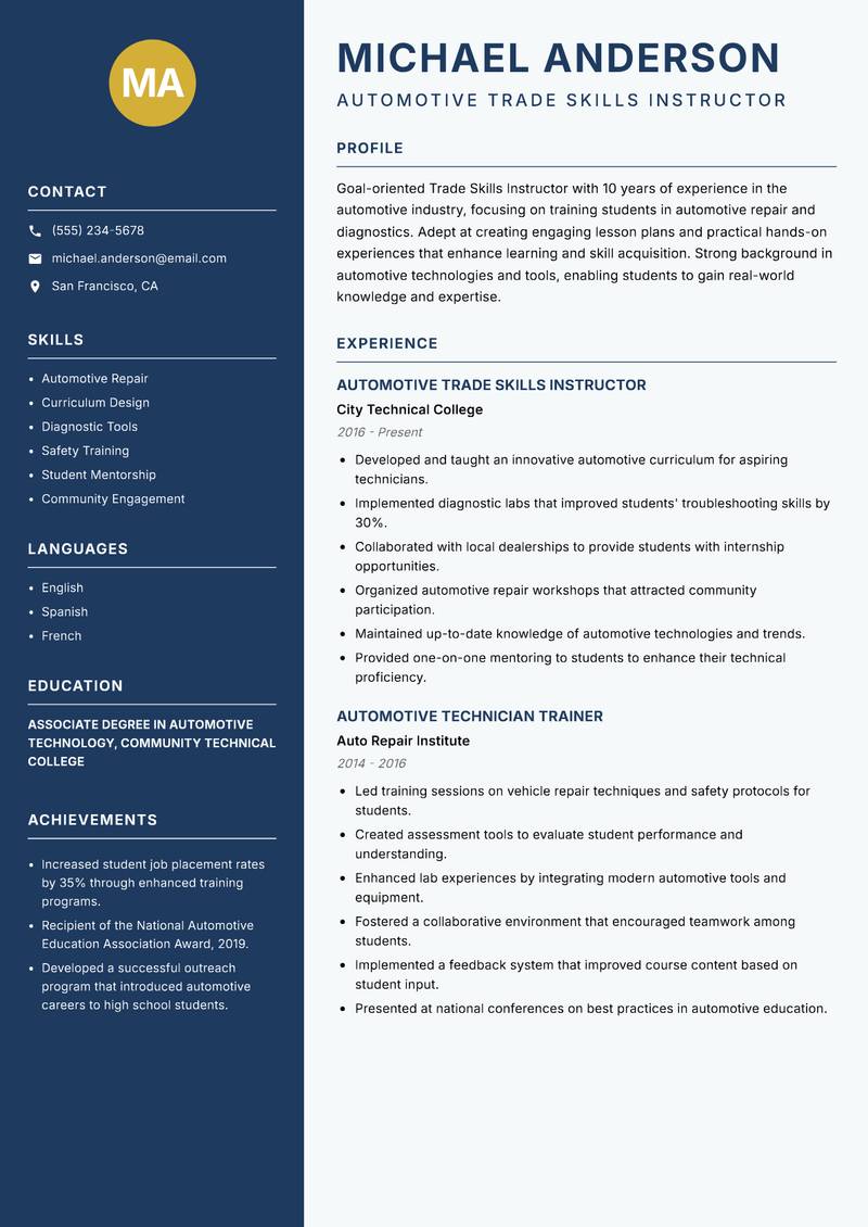 Trade Skills Instructor resume template — Classic Clean