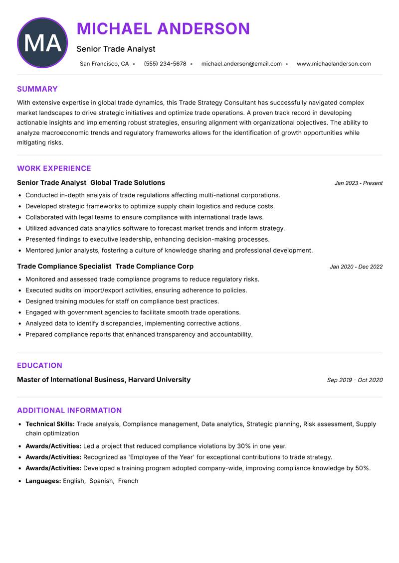 Trade Strategy Consultant resume example — ATS-friendly template