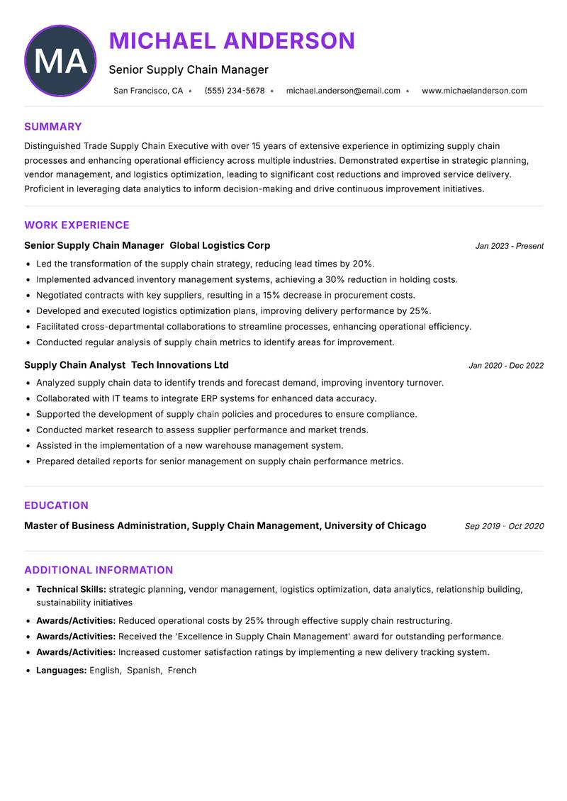 Trade Supply Chain Executive resume example — ATS-friendly template