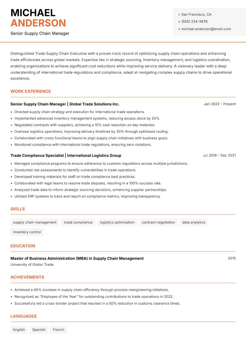 Trade Supply Chain Executive resume template — Modern Professional