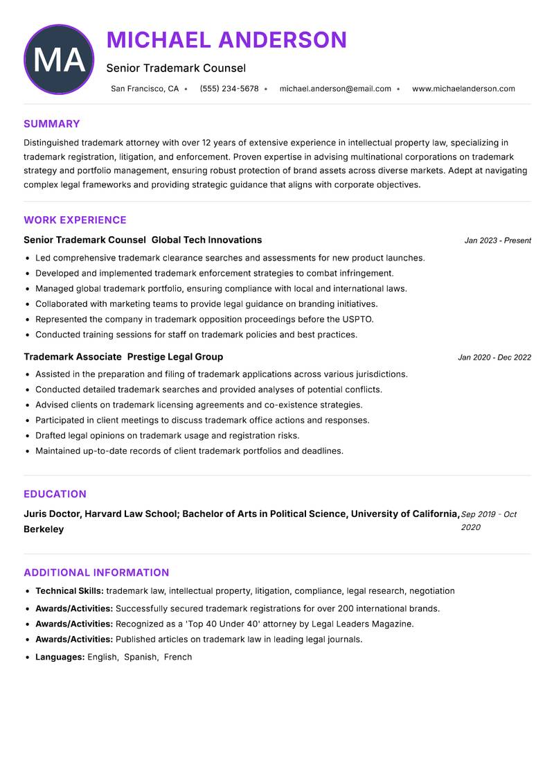 Trademark Attorney resume example — ATS-friendly template