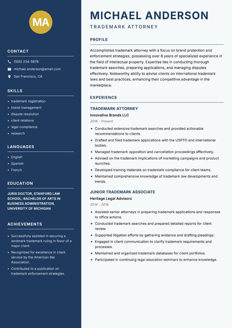 Trademark Attorney resume template — Classic Clean