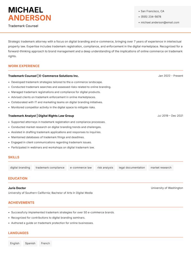 Trademark Attorney resume template — Modern Professional