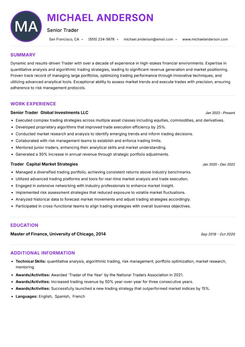 Trader resume example — ATS-friendly template