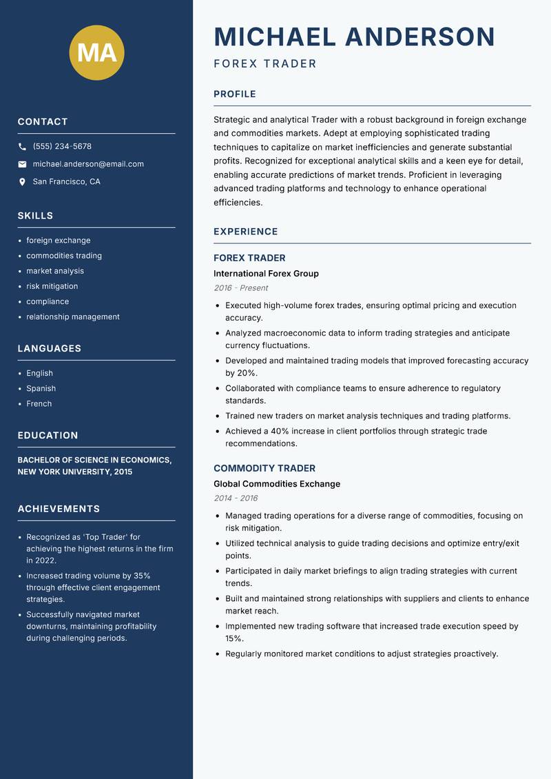Trader resume template — Classic Clean