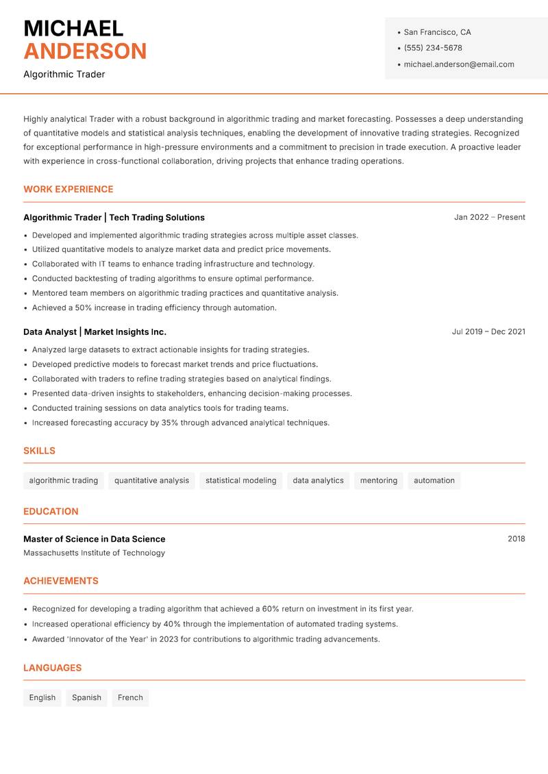 Trader resume template — Modern Professional