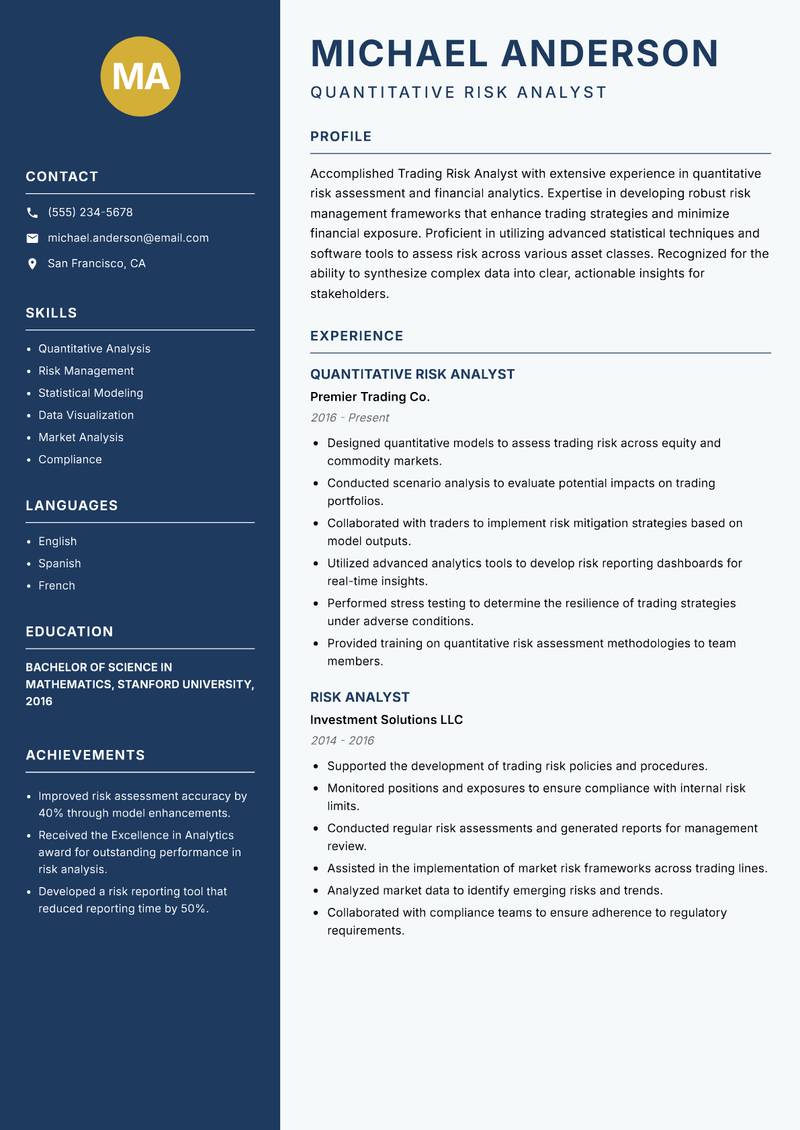 Trading Risk Analyst resume template — Classic Clean