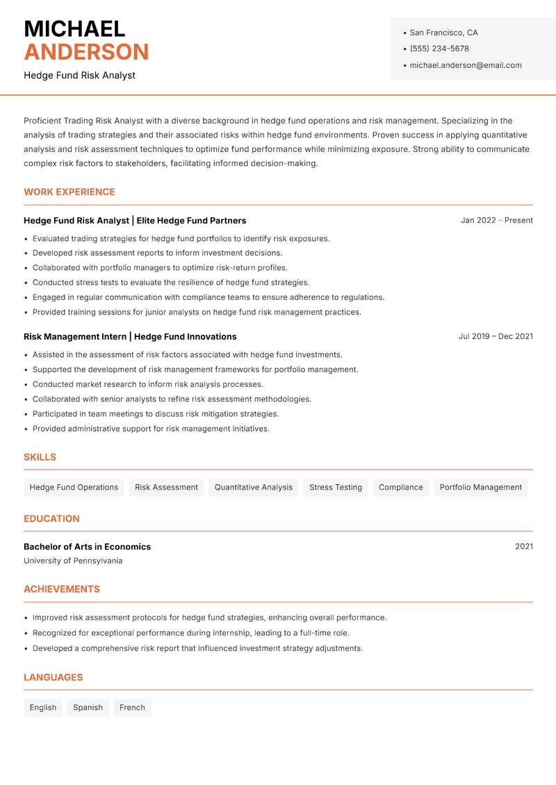Trading Risk Analyst resume template — Modern Professional