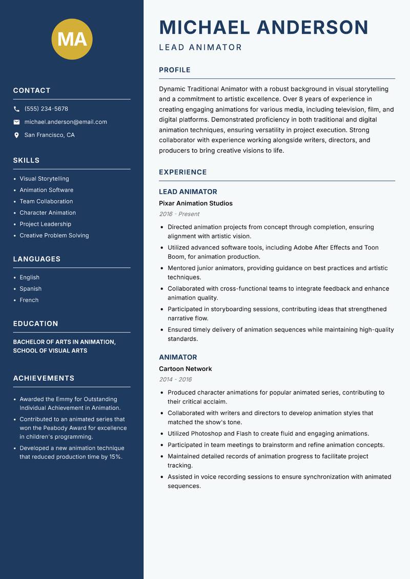 Traditional Animator resume template — Classic Clean