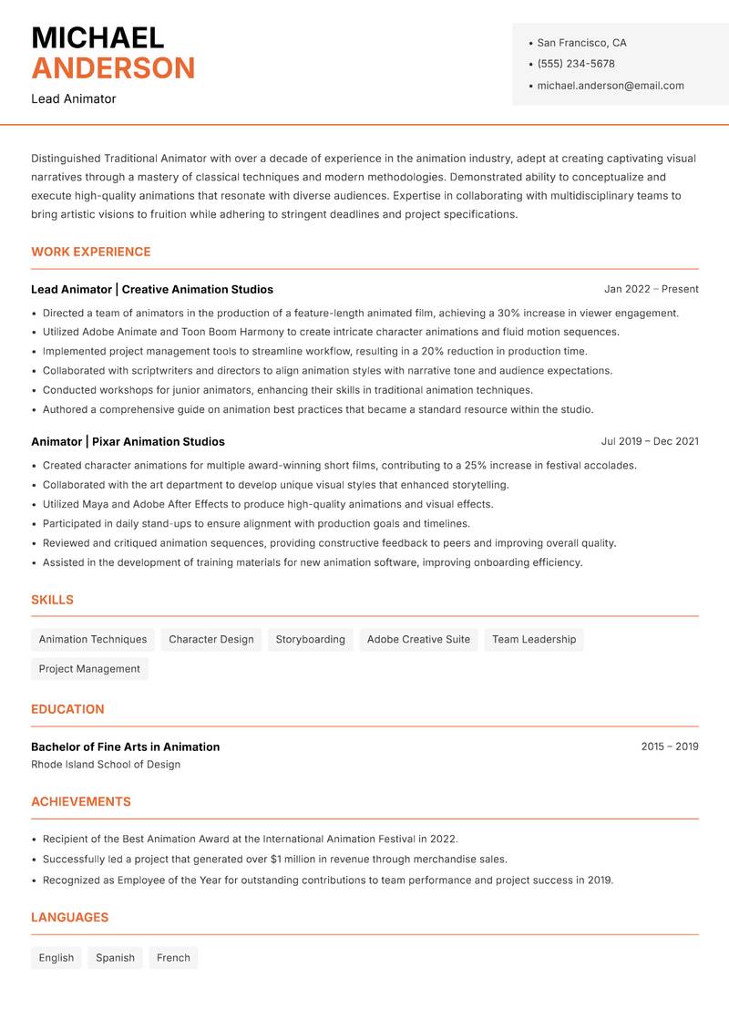 Traditional Animator resume template — Modern Professional