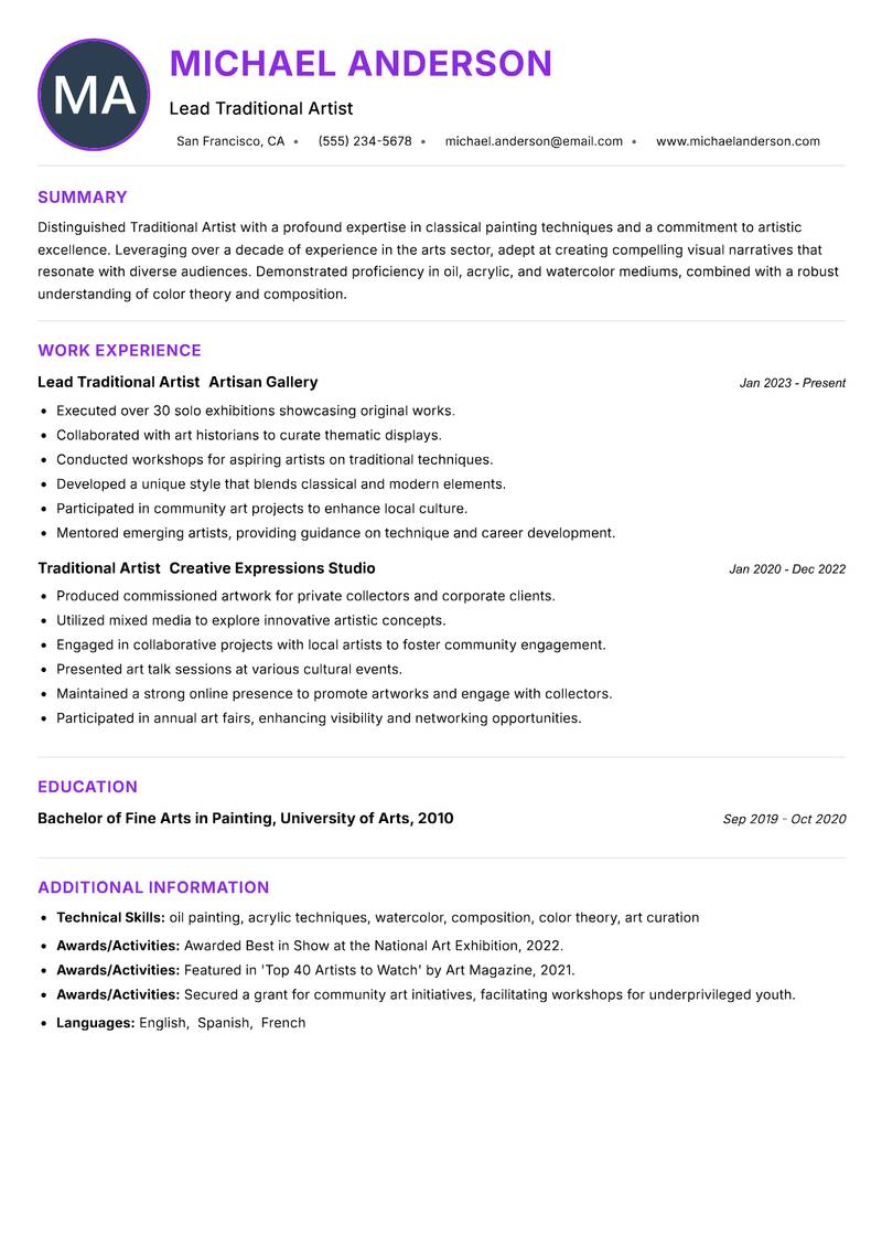 Traditional Artist resume example — ATS-friendly template