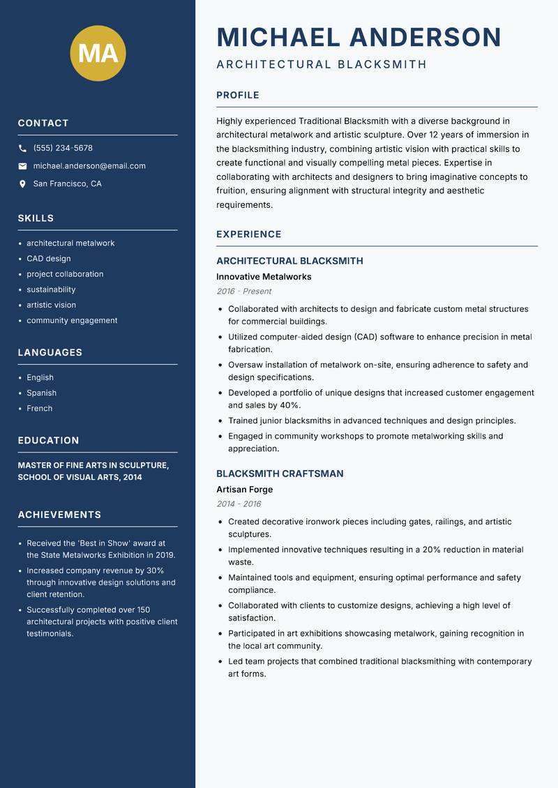 Traditional Blacksmith resume template — Classic Clean