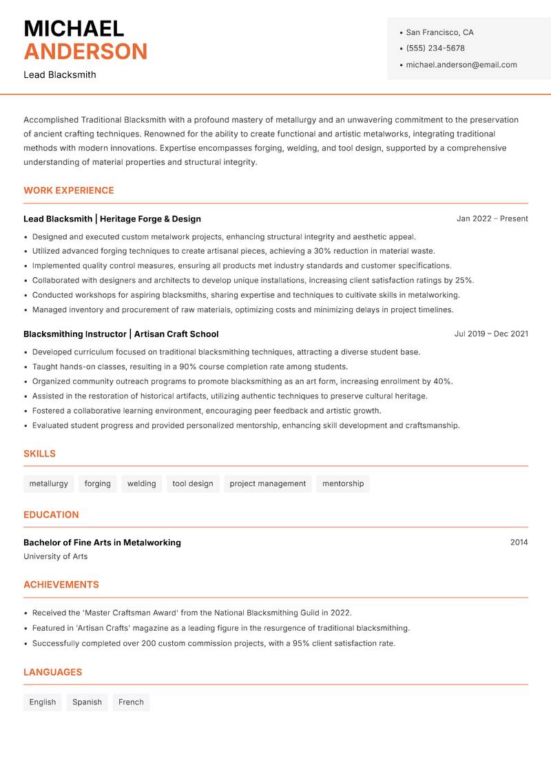 Traditional Blacksmith resume template — Modern Professional