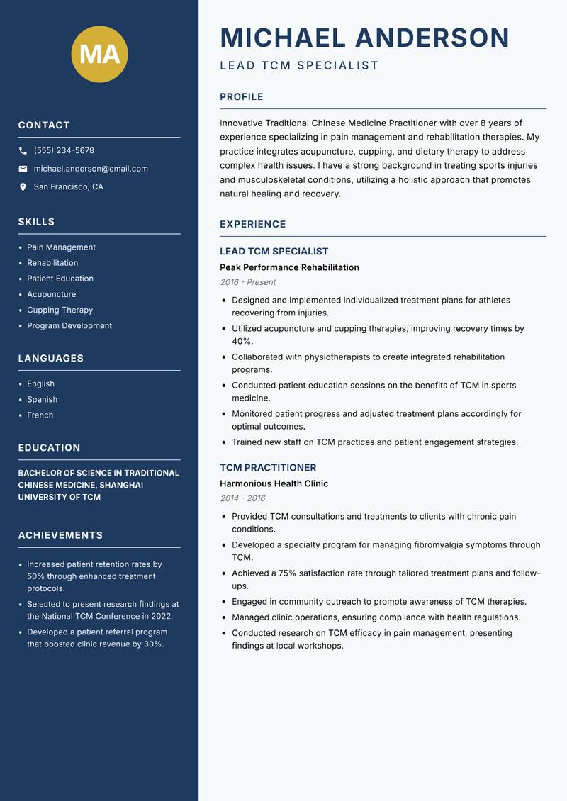 Traditional Chinese Medicine Practitioner resume template — Classic Clean
