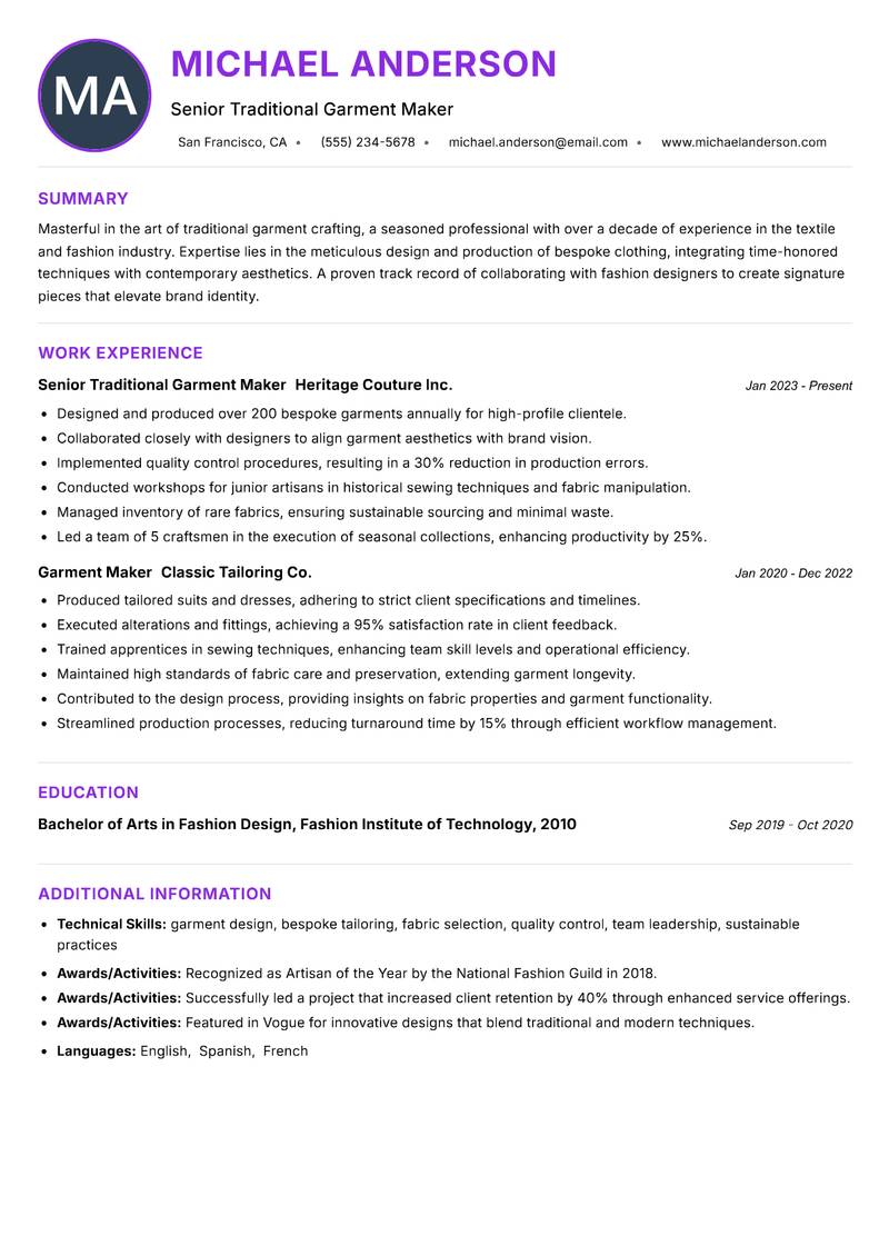Traditional Garment Maker resume example — ATS-friendly template