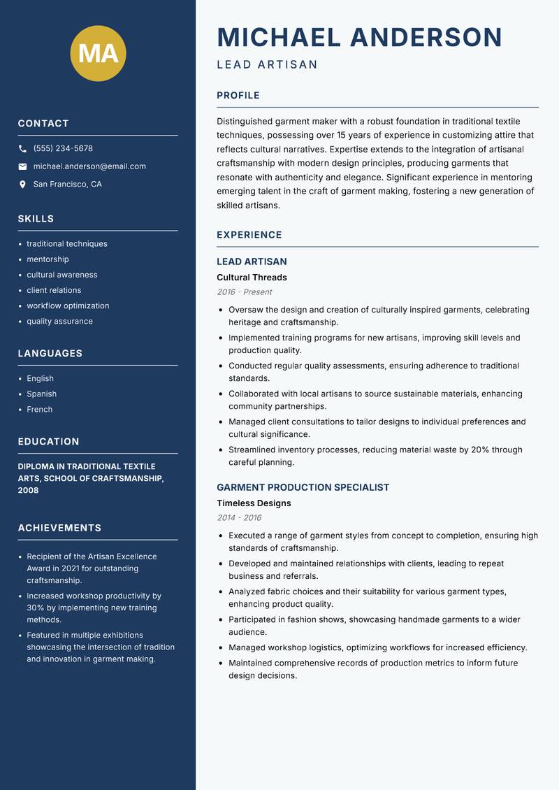 Traditional Garment Maker resume template — Classic Clean