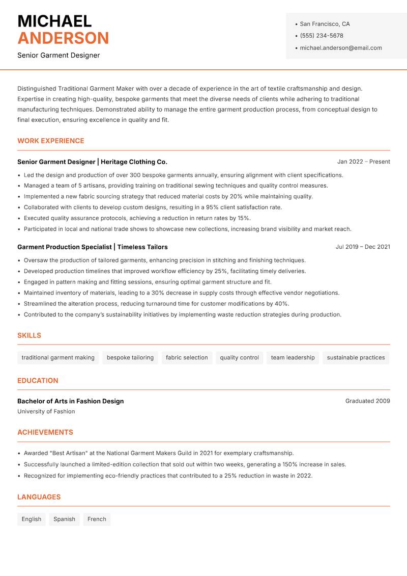 Traditional Garment Maker resume template — Modern Professional