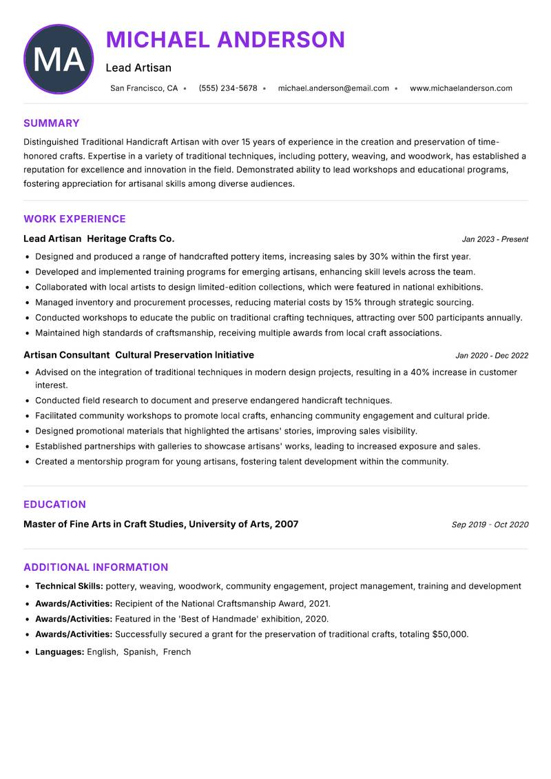Traditional Handicraft Artisan resume example — ATS-friendly template