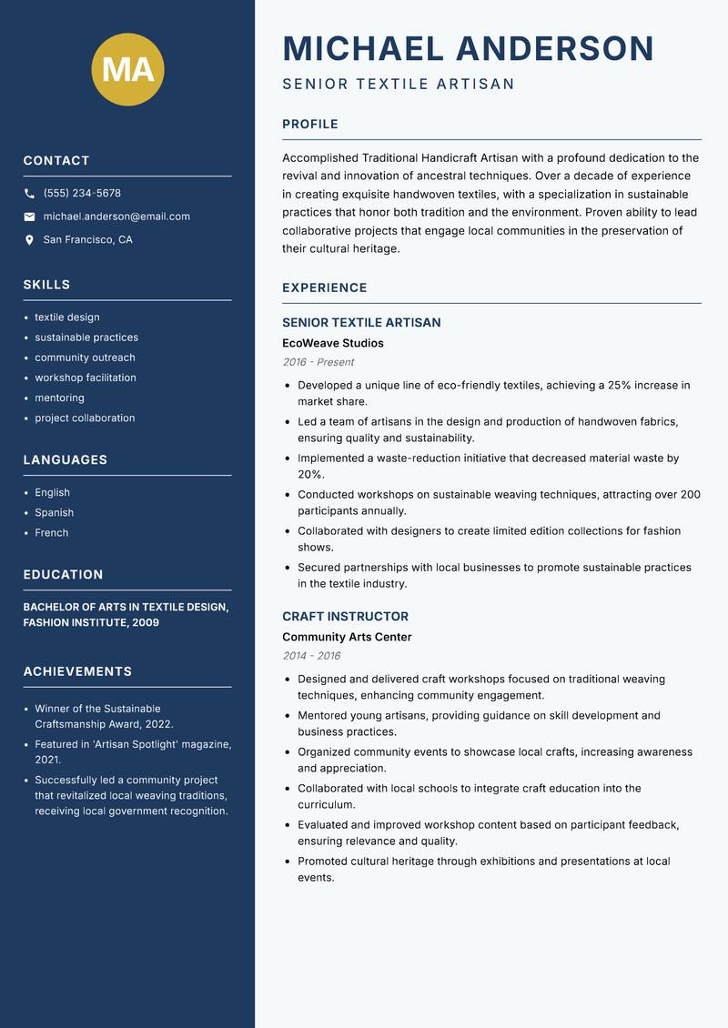 Traditional Handicraft Artisan resume template — Classic Clean