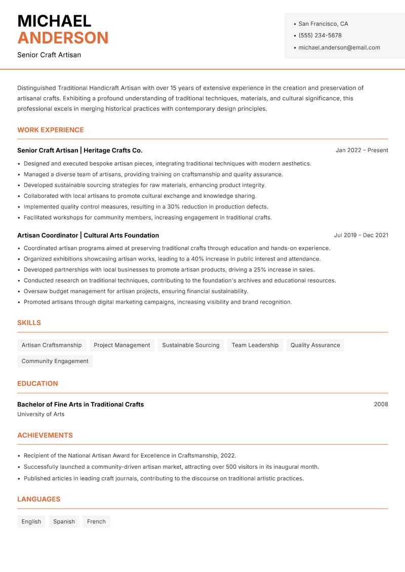 Traditional Handicraft Artisan resume template — Modern Professional
