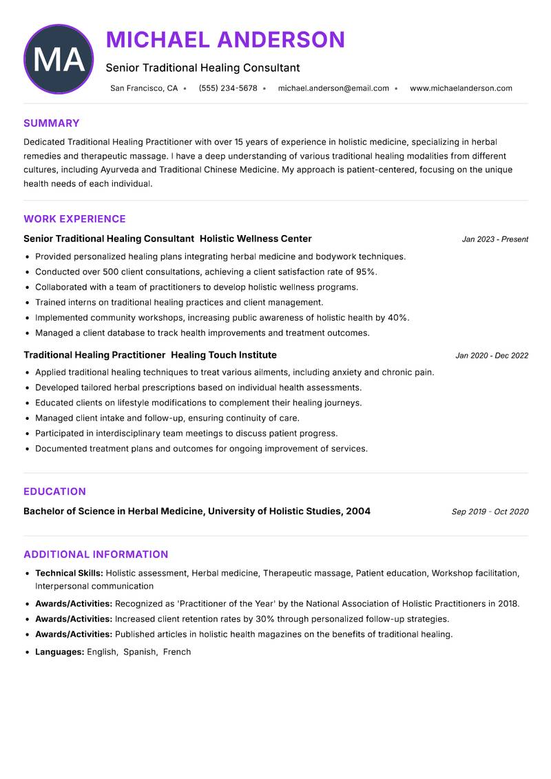 Traditional Healing Practitioner resume example — ATS-friendly template