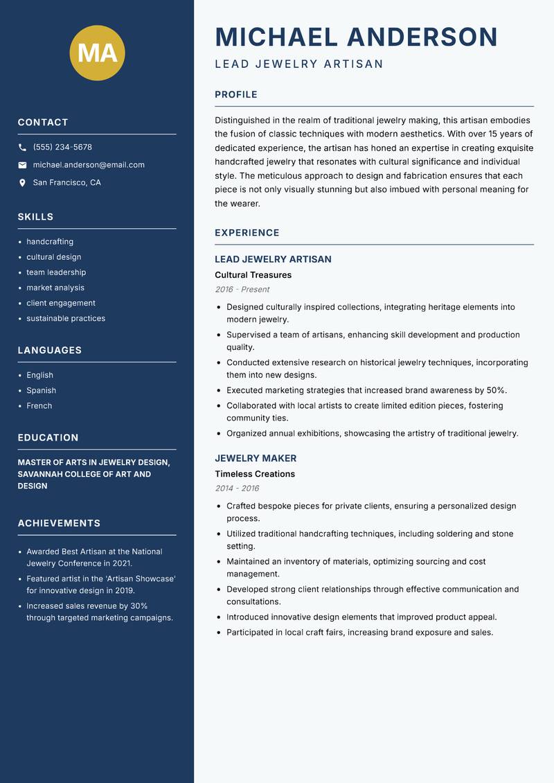 Traditional Jewelry Artisan resume template — Classic Clean