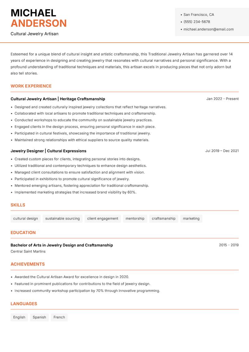 Traditional Jewelry Artisan resume template — Modern Professional