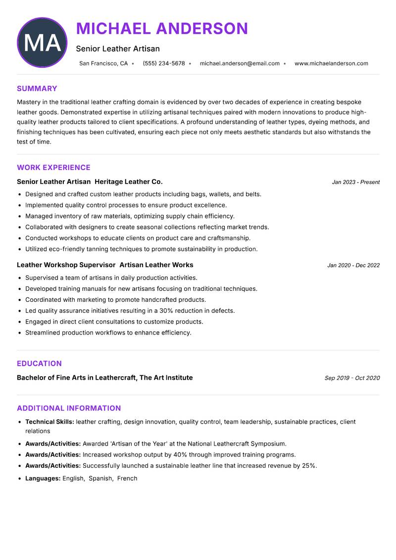 Traditional Leather Artisan resume example — ATS-friendly template