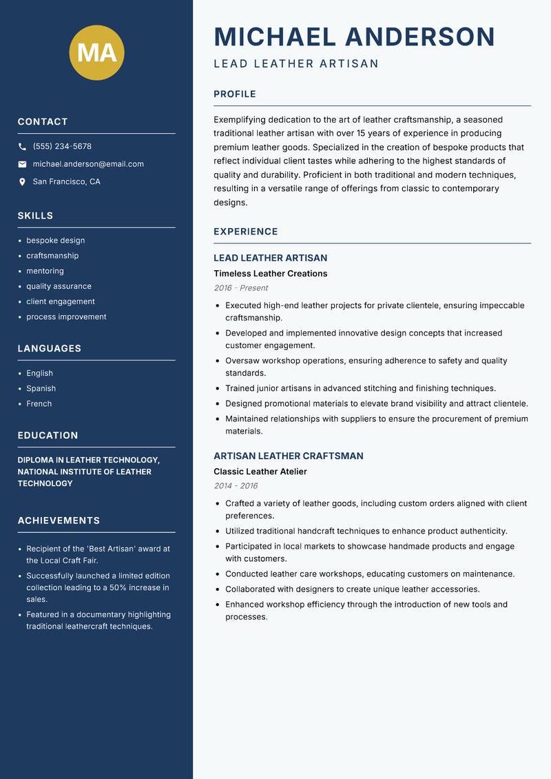 Traditional Leather Artisan resume template — Classic Clean