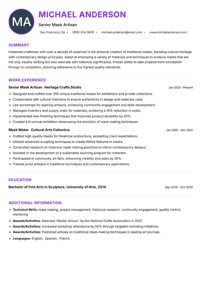 Traditional Mask Maker resume example — ATS-friendly template