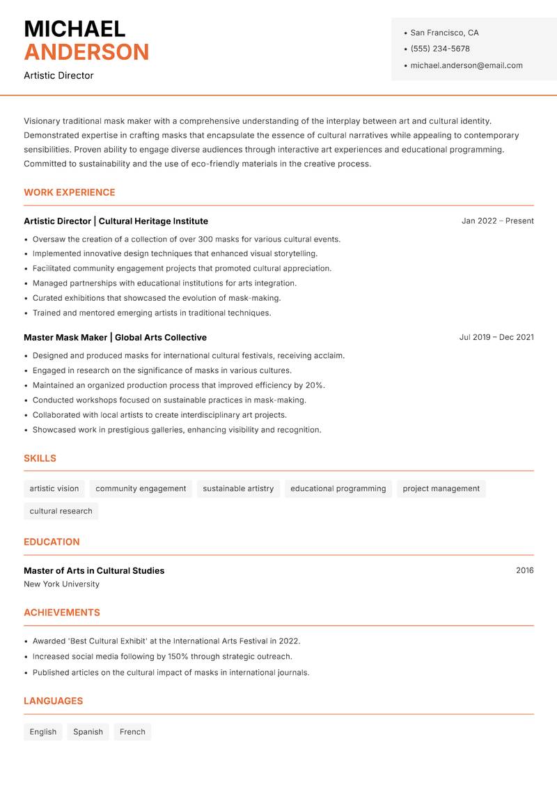 Traditional Mask Maker resume template — Modern Professional