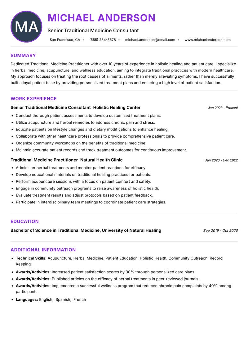 Traditional Medicine Practitioner resume example — ATS-friendly template