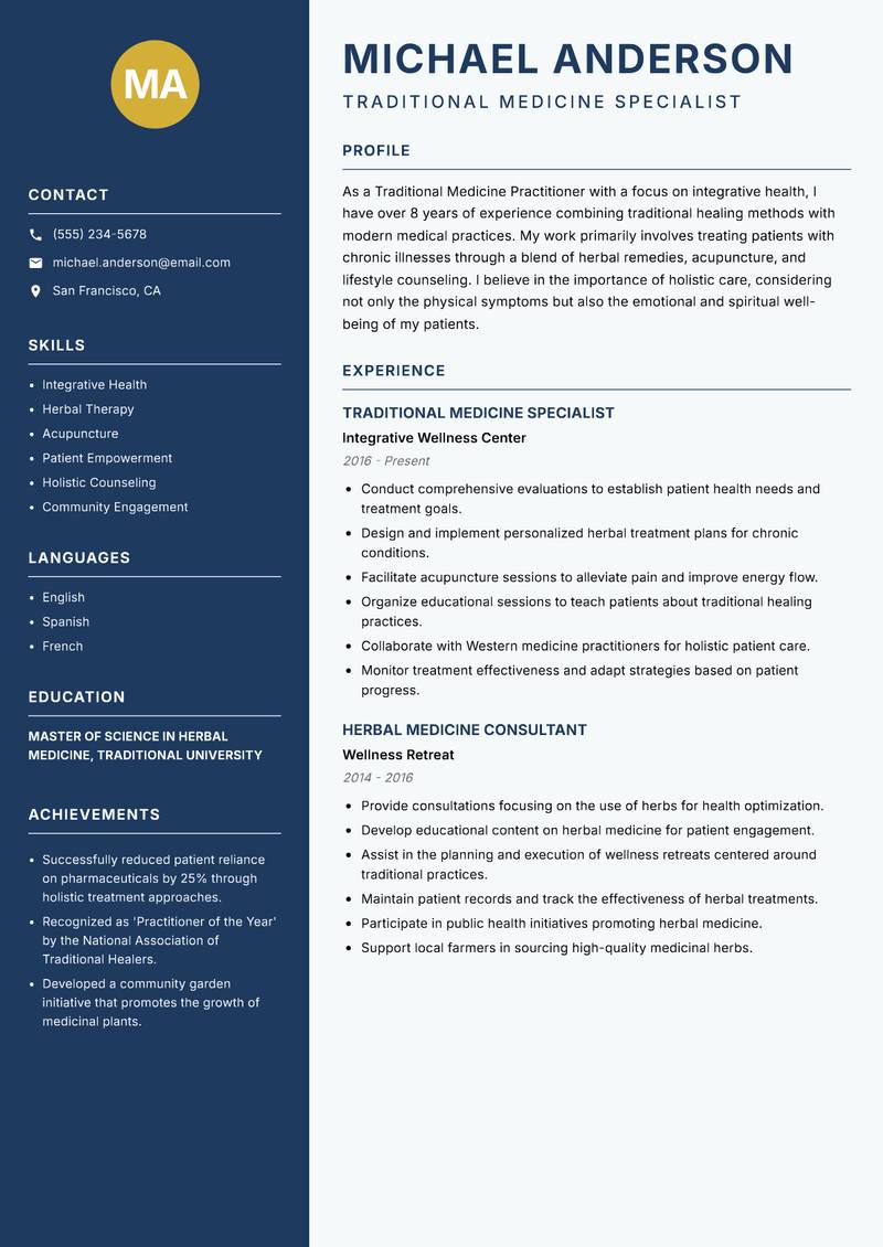 Traditional Medicine Practitioner resume template — Classic Clean