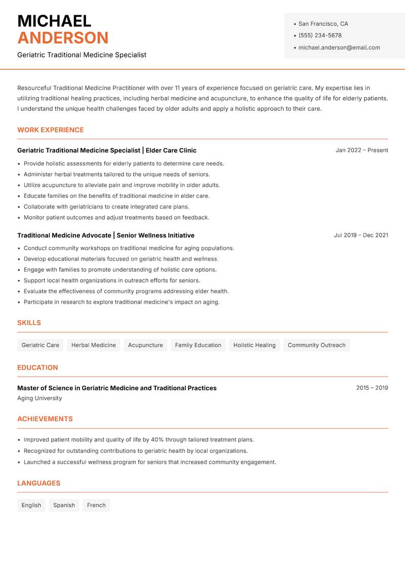 Traditional Medicine Practitioner resume template — Modern Professional