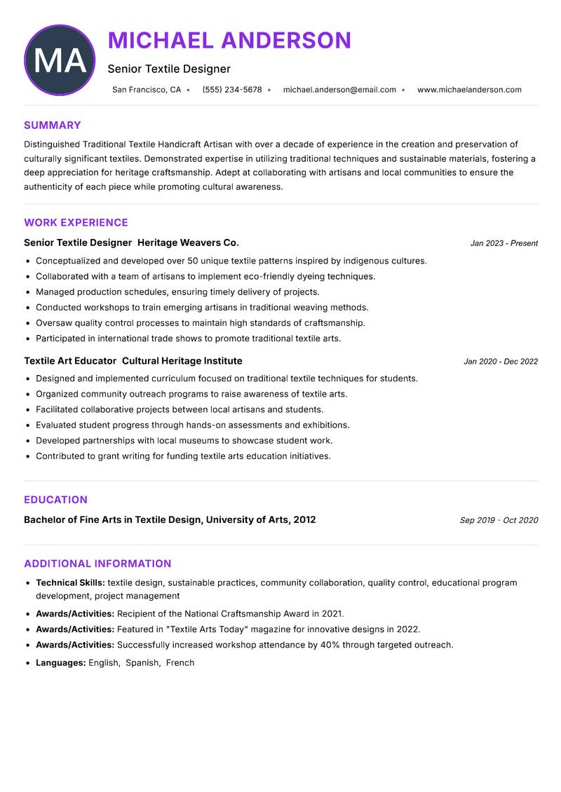 Traditional Textile Handicraft Artisan resume example — ATS-friendly template