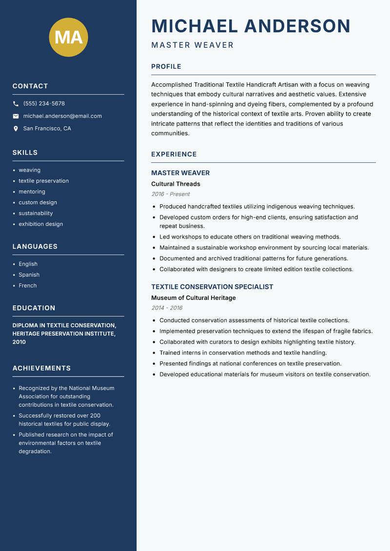 Traditional Textile Handicraft Artisan resume template — Classic Clean
