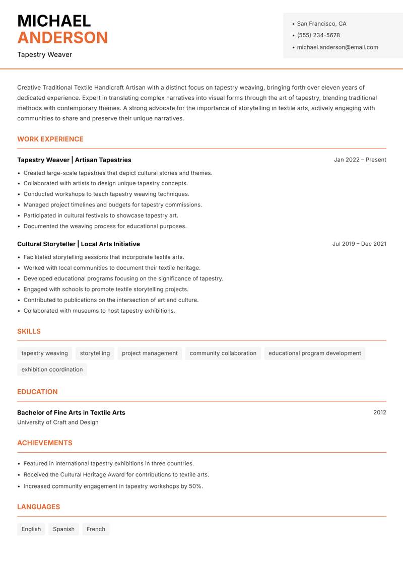 Traditional Textile Handicraft Artisan resume template — Modern Professional