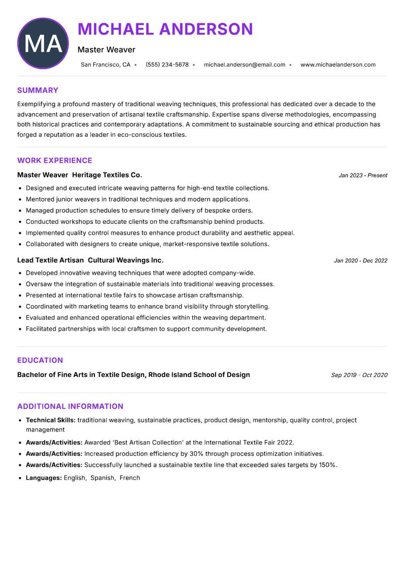 Traditional Weaver resume example — ATS-friendly template