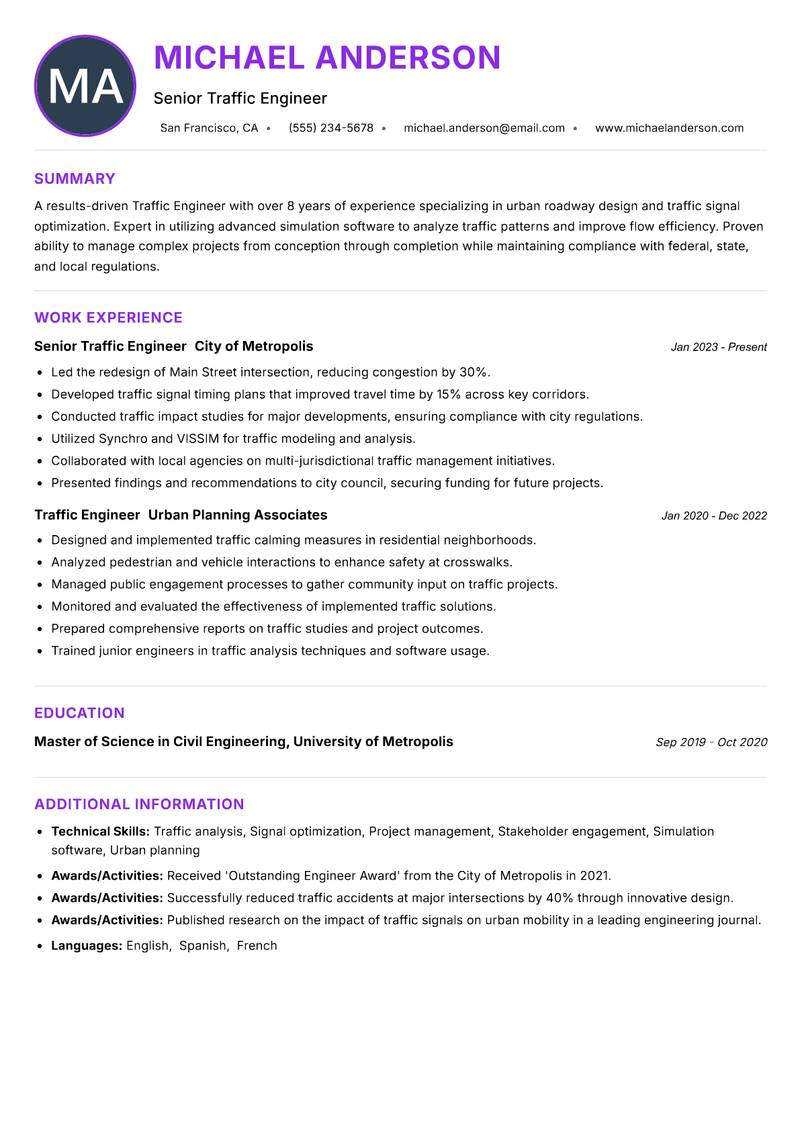 Traffic Engineer resume example — ATS-friendly template