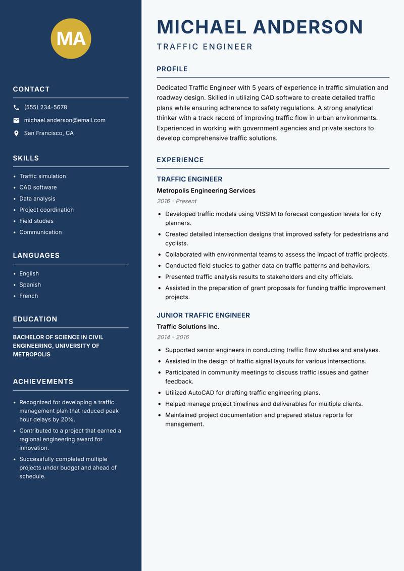 Traffic Engineer resume template — Classic Clean