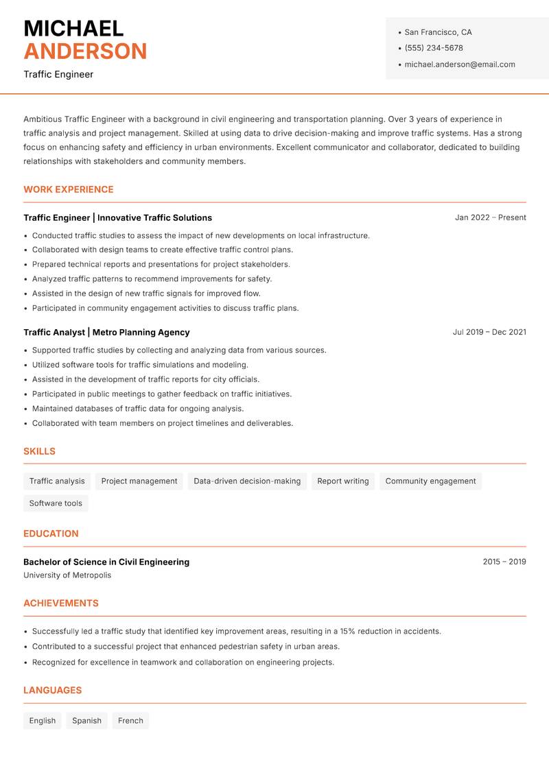 Traffic Engineer resume template — Modern Professional