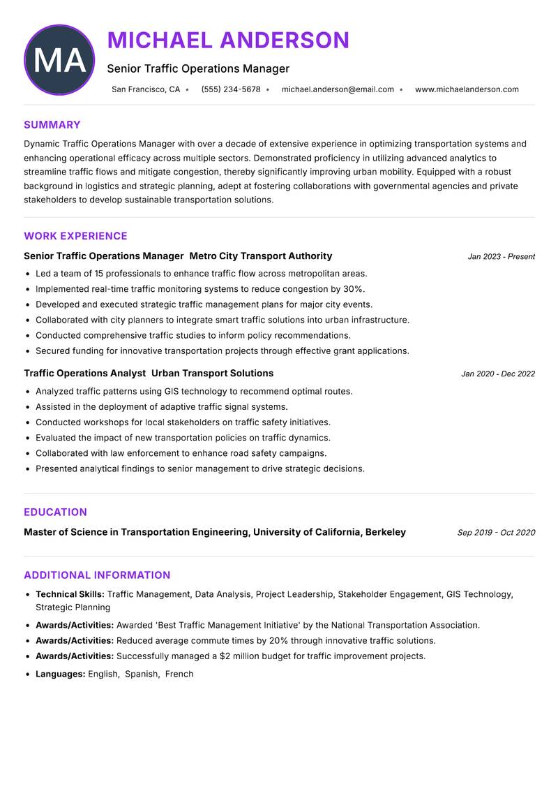 Traffic Operations Manager resume example — ATS-friendly template